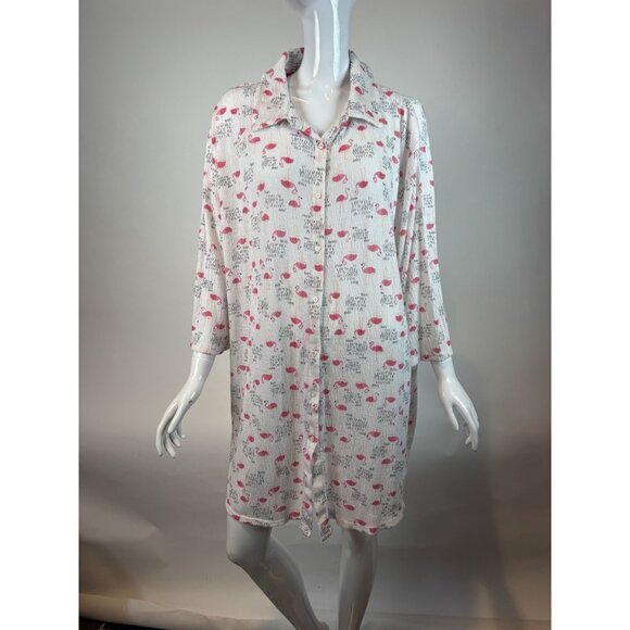 Flamingo Print Button-Up Nightshirt By I. Appel XL Polyester/Spandex Blend Made - Picture 15 of 16